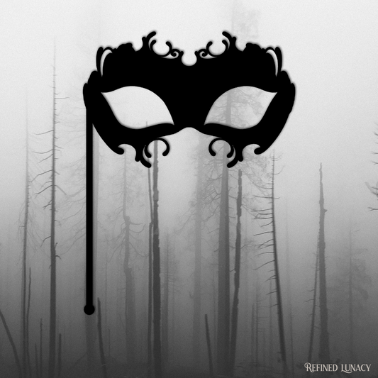 Refined Lunacy - Halloween Virtual Party Kit - Silhouette regal masquerade mask props in front of a black and white eerie forest background