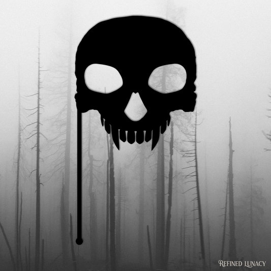 Refined Lunacy - Halloween Virtual Party Kit - Silhouette vampire skull mask prop in front of a black and white eerie forest background