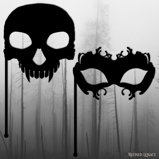 Refined Lunacy - Halloween Party Kit - Silhouette skull and regal mask props in front of a black and white eerie forest background